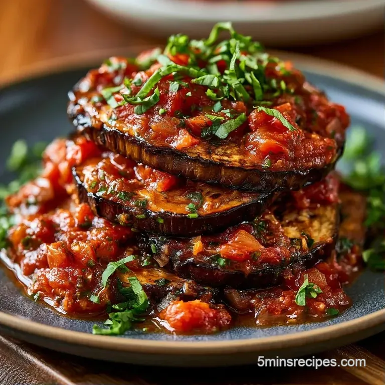 A precise slice of layered vegetable bake with melted cheese, topped with a fresh basil leaf on a white porcelain plate