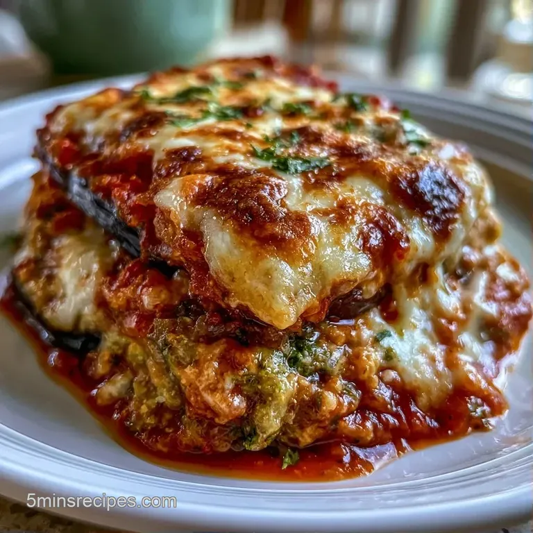 A neat square slice of layered vegetable bake with melted mozzarella and rich tomato sauce on a white porcelain plate.