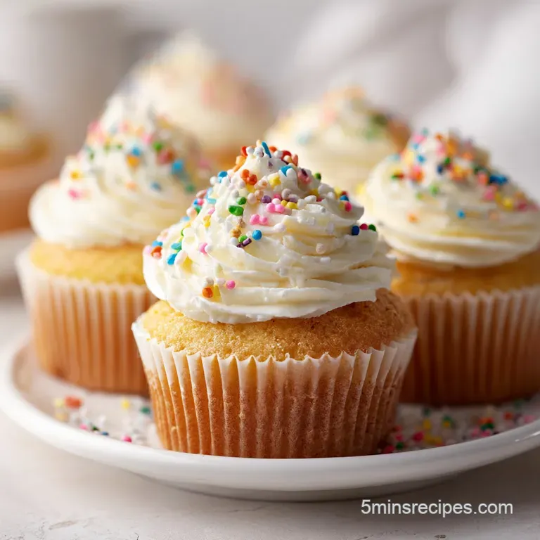 Elegant vanilla cupcake on a delicate plate. Fluffy frosting, glistening sugar pearls, and soft, moist cake texture are vi...