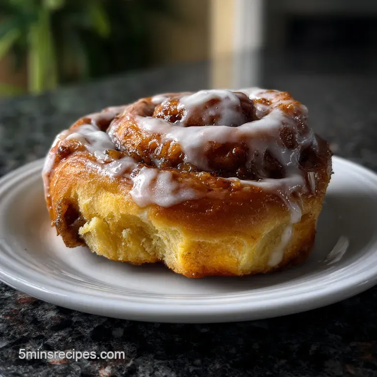 Warm, frosted cinnamon roll on a white plate, steam rising; soft dough with a sugary glaze shimmering in the light.
