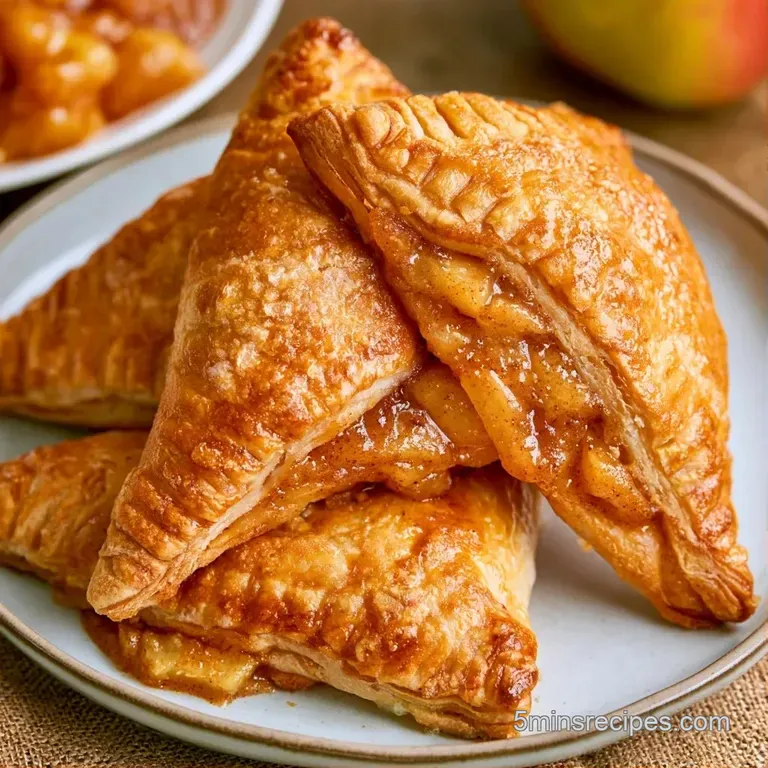Triangular golden pastries on a white ceramic plate with a drizzle of caramel and a sprig of fresh mint leaves.