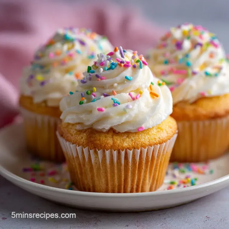 A trio of frosted funfetti cupcakes artfully arranged on a white cake stand, topped with delicate sprinkles.