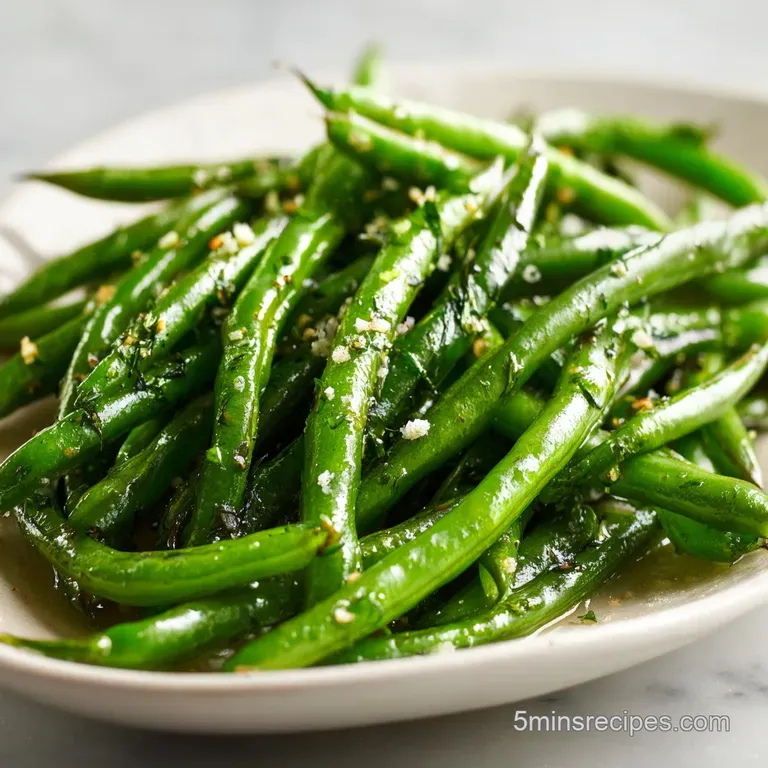Plated haricot verts with a light sheen, mounded on a white plate. Toasted almonds and cracked pepper add subtle color.