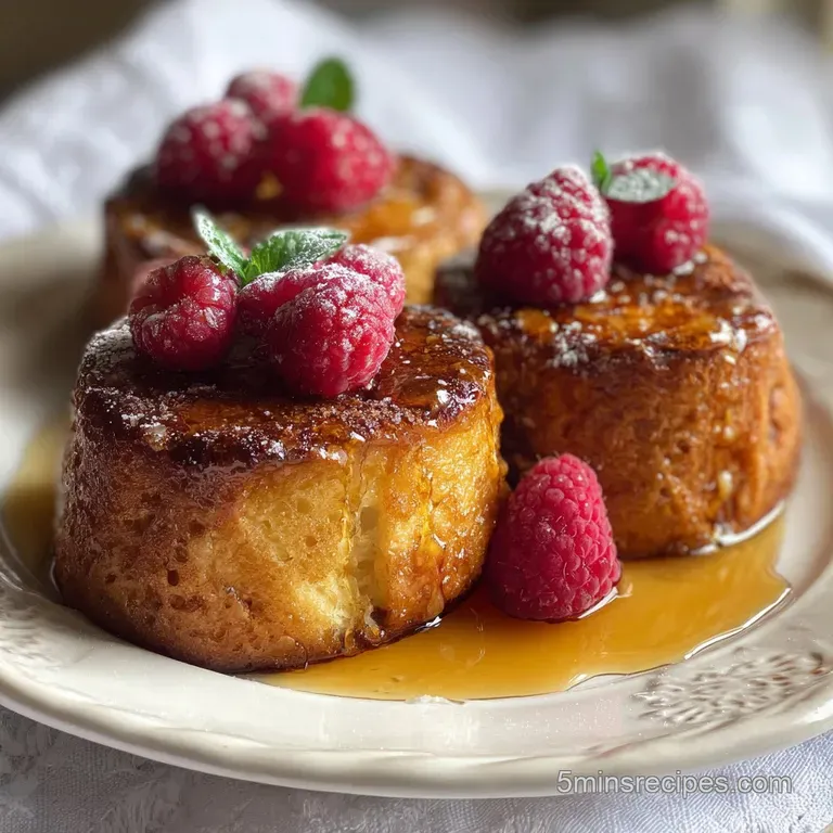 Three warm French toast muffins drizzled with amber maple syrup, served on a delicate white plate, garnished with ripe ras...