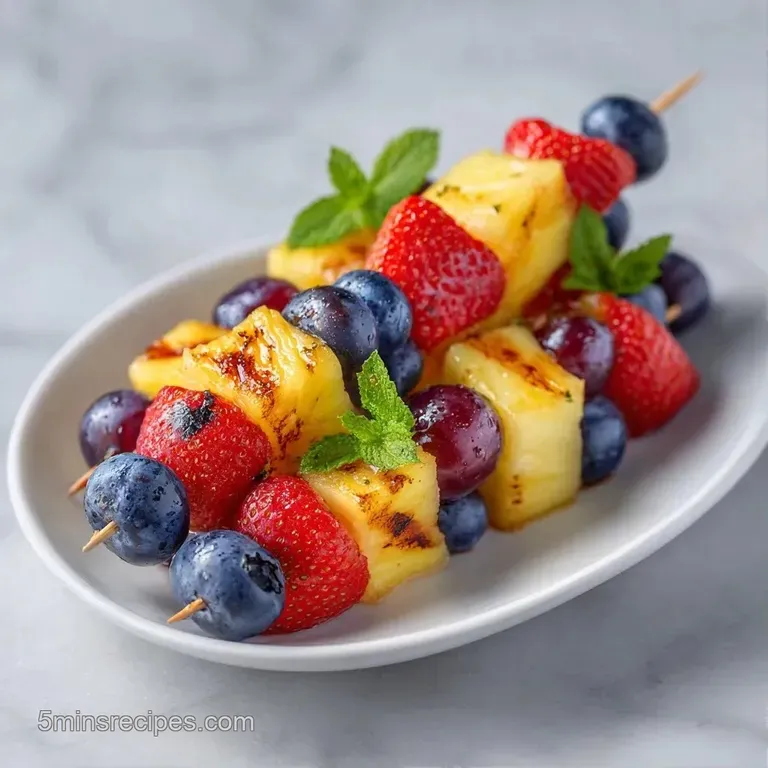 Rainbow array of fresh berries and melon cubes on wooden sticks, served on a slate board with mint leaves.