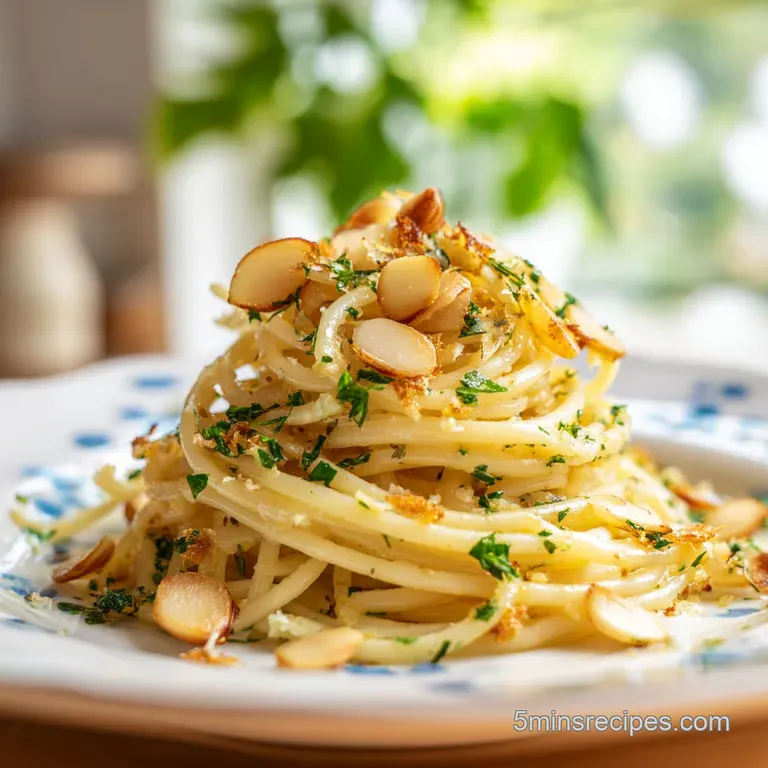 Swirls of glossy pasta topped with a sprinkle of grated parmesan and fresh herbs on a minimalist white plate.