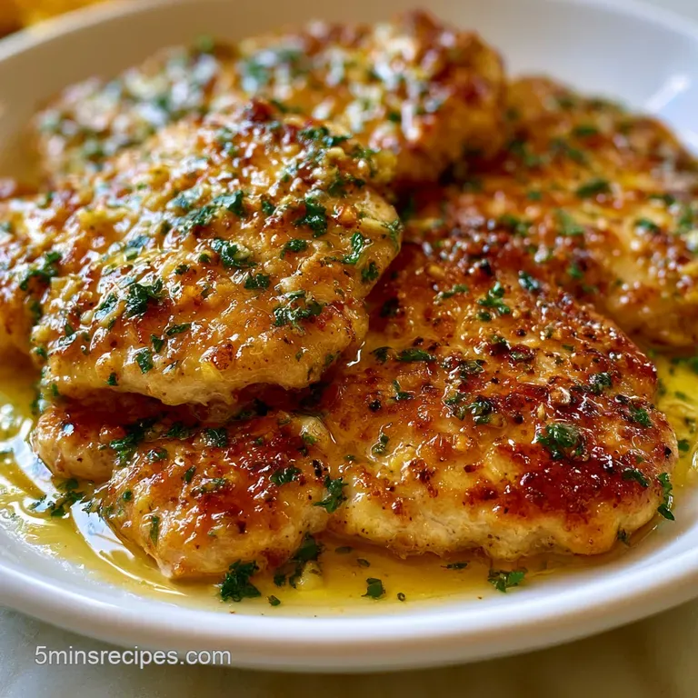 Sliced seared poultry on a white ceramic plate, drizzled with gold butter sauce and garnished with fresh herbs