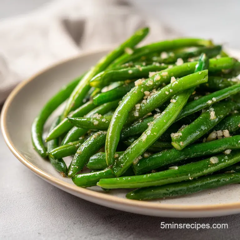 Bright green beans artfully arranged on a white plate, glistening with melted butter and a scattering of toasted garlic.