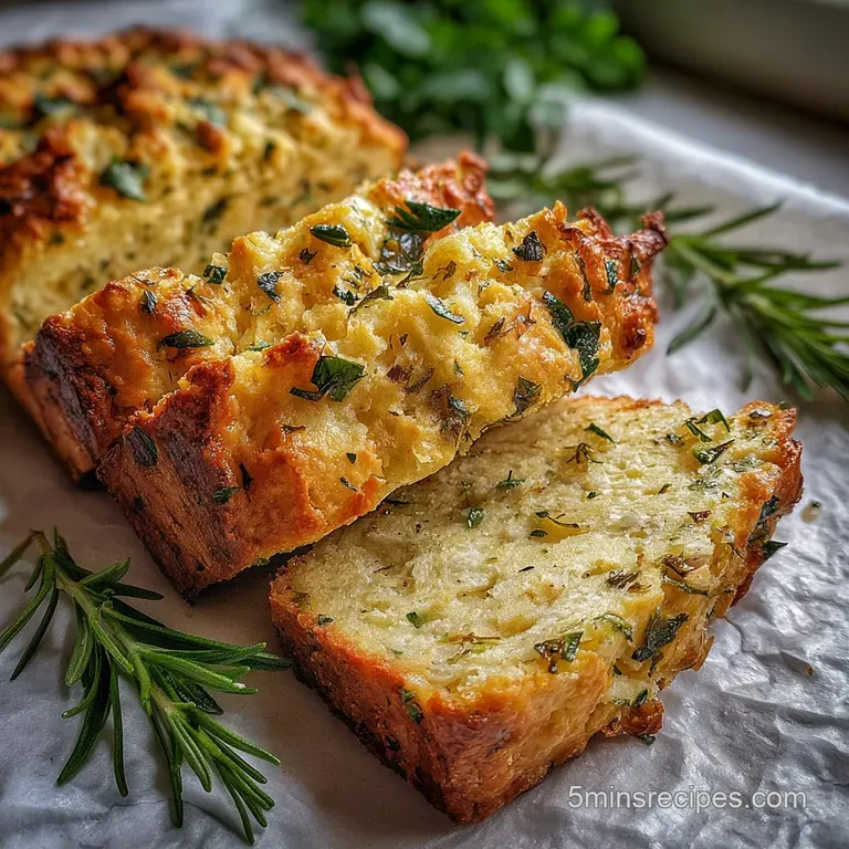 Thick slice of warm, golden bread, flecked with green herbs, served on a white plate. Steam suggests it's freshly baked, f...