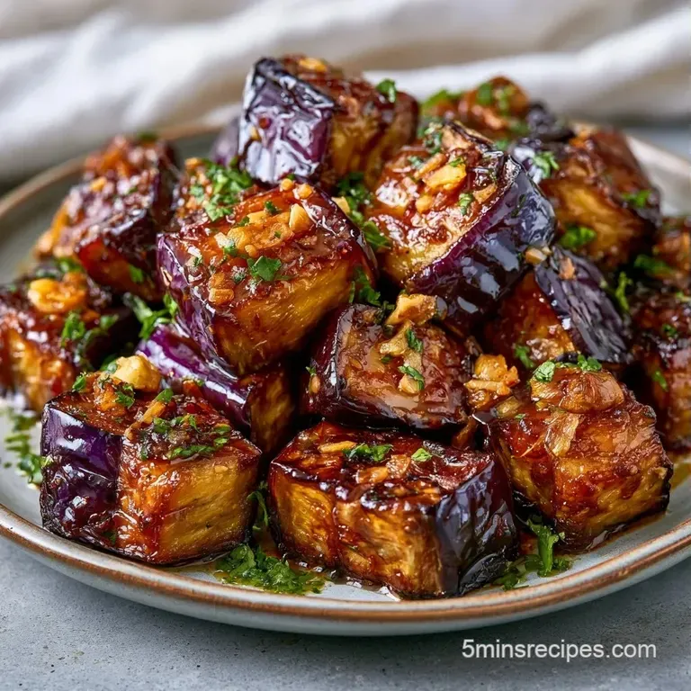 Slices of charred purple eggplant drizzled with olive oil and topped with fresh parsley on a ceramic plate.