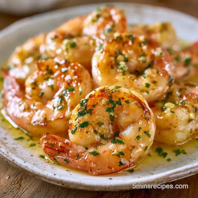 Elegant white platter featuring golden-pink saut&eacute;ed shrimp garnished with fresh parsley and bright lemon wedges.