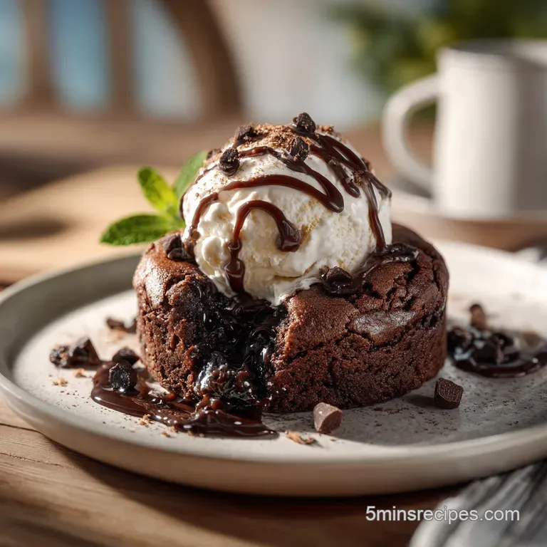 Rich chocolate cookie in a mug, dusted with powdered sugar, next to a scoop of vanilla ice cream.