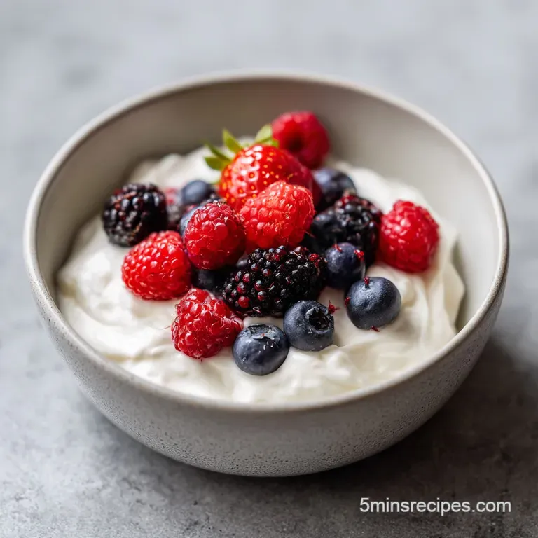 A swirl of light yogurt mousse in a glass bowl, topped with bright red raspberries and deep blue berries.
