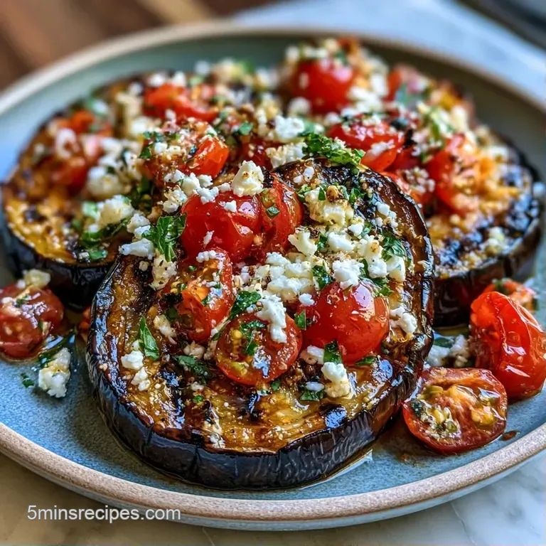 Charred purple vegetable slices topped with white crumbly cheese on a matte stoneware plate with olive oil drizzles.