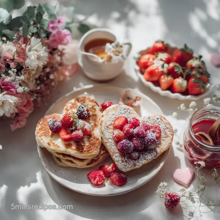 Pancakes artfully arranged on a white plate, adorned with a vibrant mix of colorful berries and a dusting of powdered sugar.