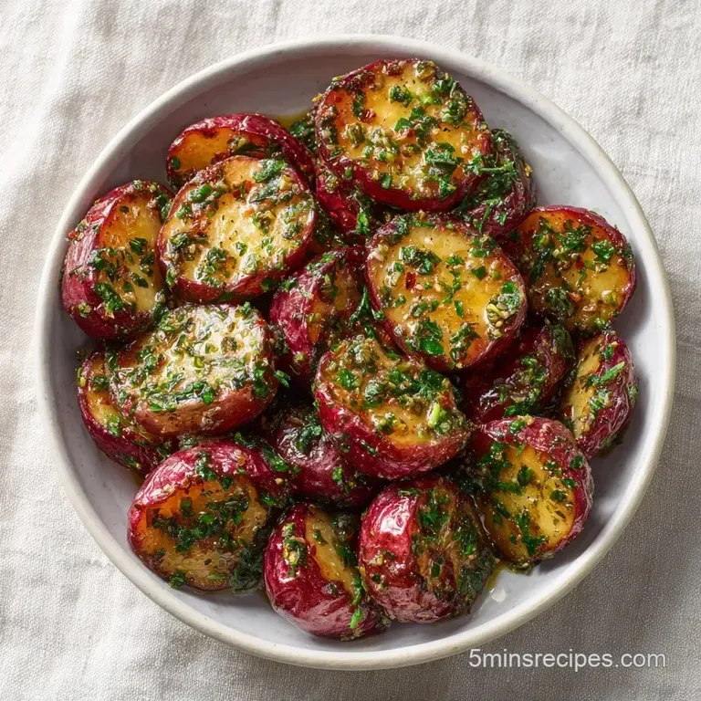 Elegant plating of creamy red potatoes with bright green chives and a drizzle of oil on a white porcelain dish.
