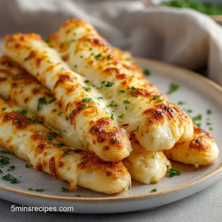 Stack of warm, cheesy garlic breadsticks artfully arranged on a rustic wooden board with fresh parsley.