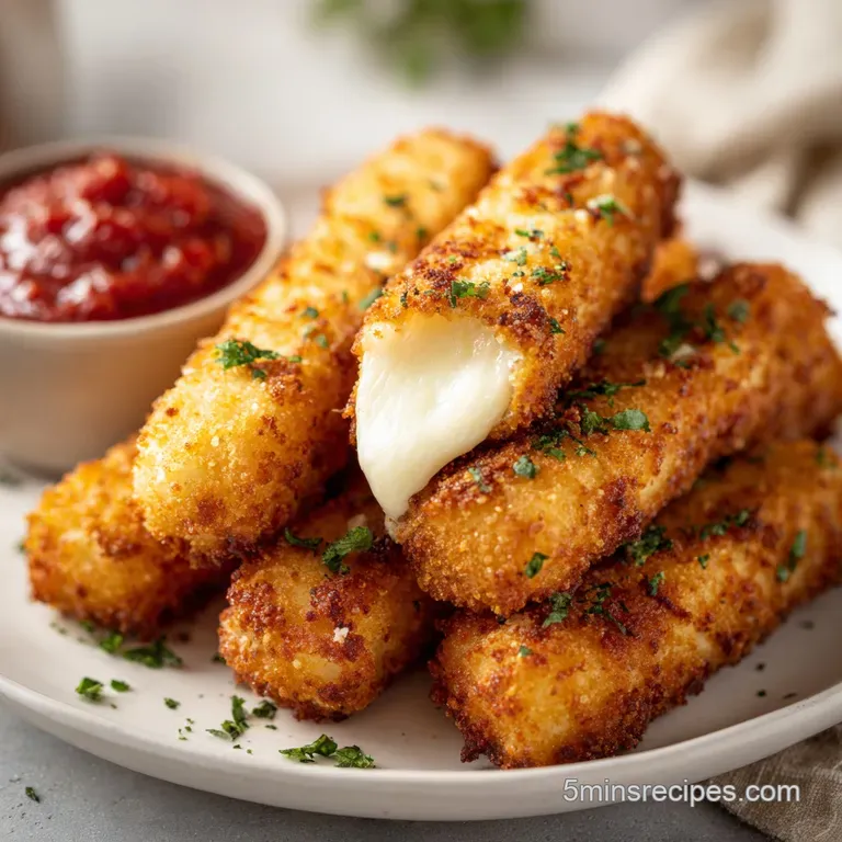 Delicate mozzarella sticks fanned on a white plate, lightly dusted with parsley and a bright red dipping sauce.