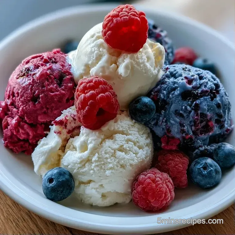 Three colorful scoops of frozen treat arranged in a crystal bowl with fresh blueberries and a sprig of mint.