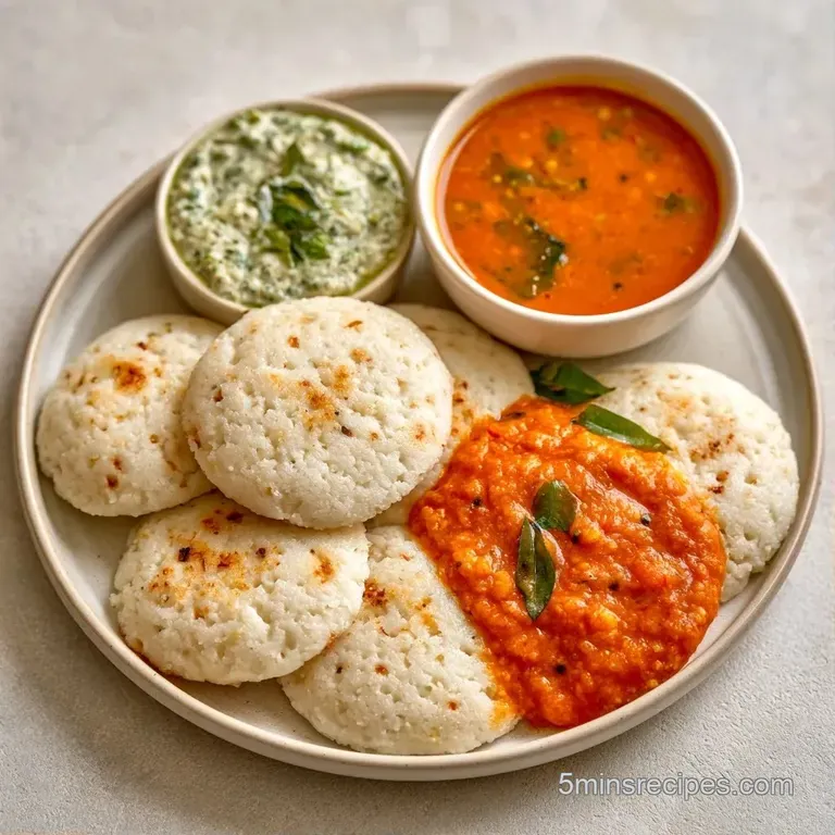 Three steaming semolina cakes on a white plate with swirls of coconut chutney and a bowl of savory orange sambar.