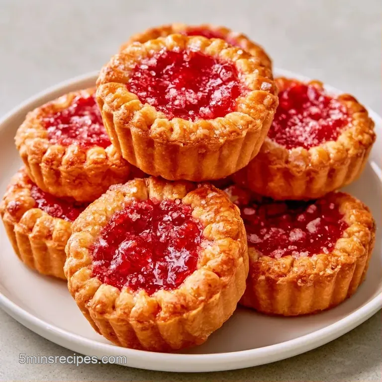 Three petite, golden pastry squares arranged on a white platter, garnished with fresh mint and raspberries.