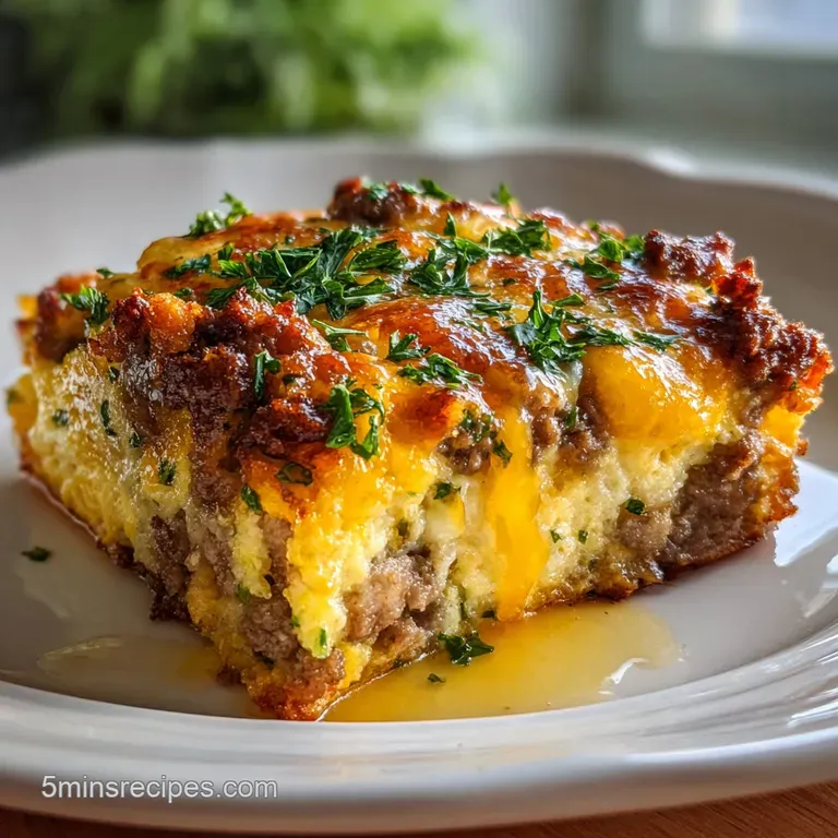 Square of cheesy breakfast casserole, steam rising, parsley garnish. Flaky pastry on a white plate suggests warm comfort.