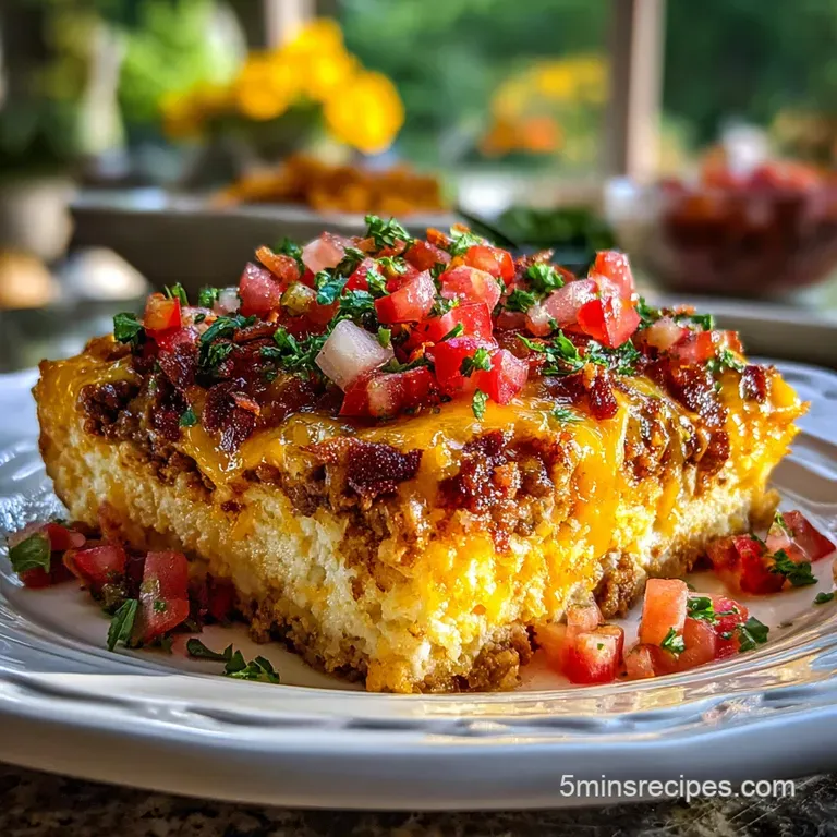 A generous slice of John Wayne casserole reveals layers of creamy, cheesy filling and browned biscuit. Parsley adds a pop ...