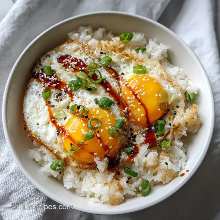 Gyeran Bap in a stoneware bowl, sprinkled with sesame seeds and green onions. Chopsticks rest beside, inviting the first b...