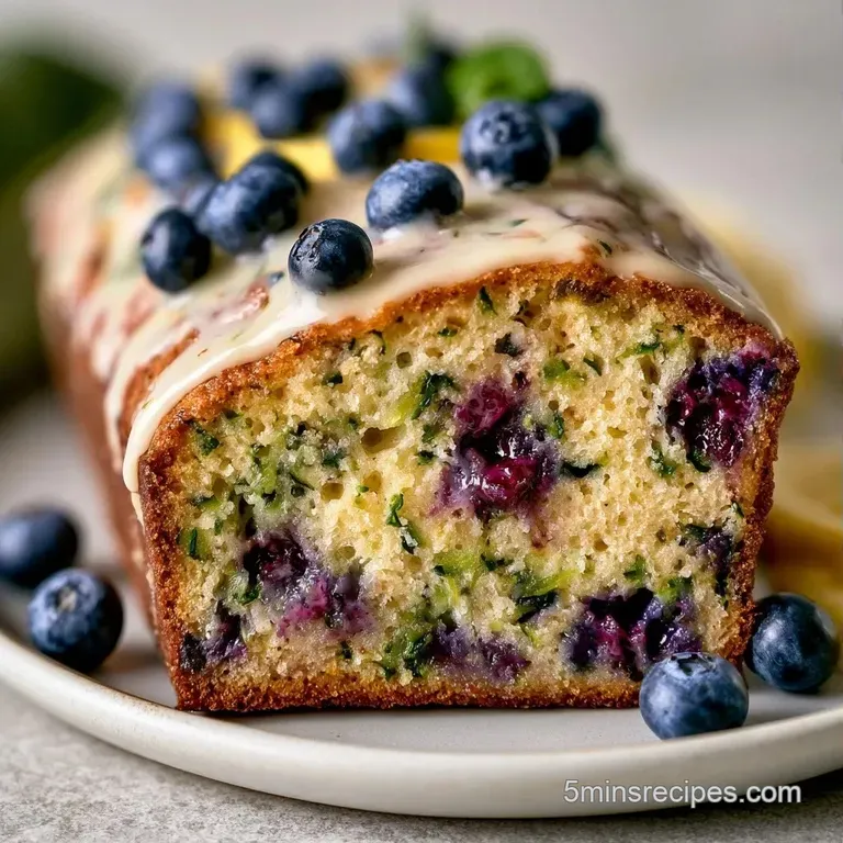 Slices of moist, golden cake topped with a zesty white glaze and fresh blueberries on a ceramic white plate