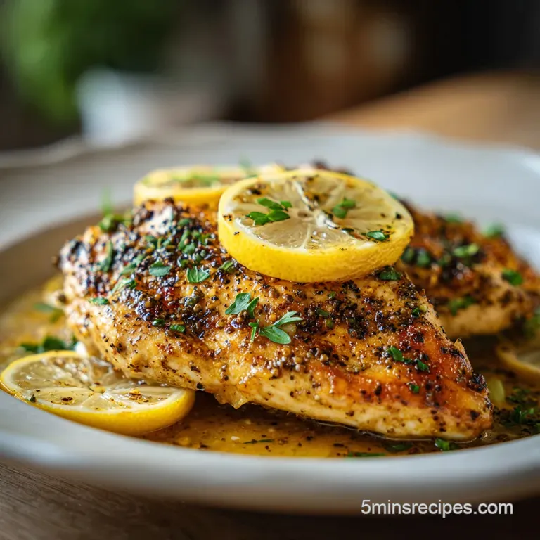 Seared lemon pepper chicken breast atop fluffy quinoa, drizzled with vibrant pan sauce. Fresh parsley and lemon wedge garn...
