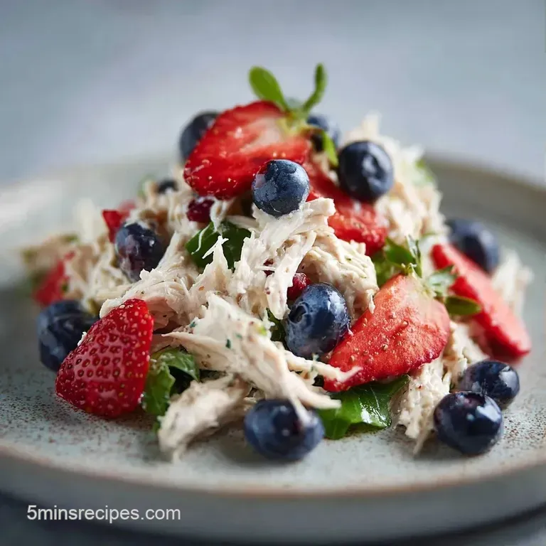 Chilled creamy chicken salad served on a bed of crisp green lettuce with vibrant berries and a silver fork.