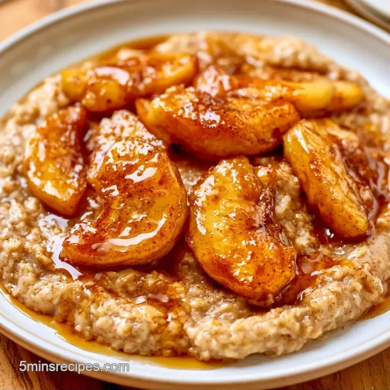 A rustic ceramic bowl of baked oats topped with sliced apples, a sprinkle of cinnamon, and a glossy maple glaze.