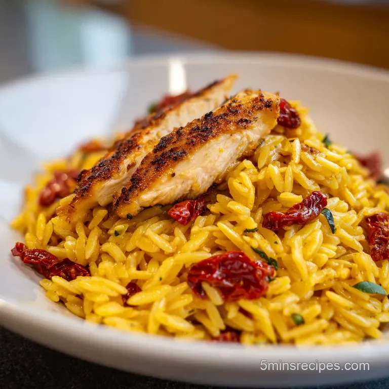 A scoop of creamy, velvety pasta with bright red sun-dried tomatoes served on a white plate with a herb garnish.