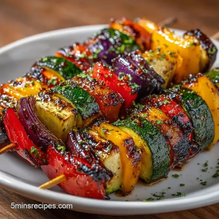 Vibrant grilled skewers on a white platter with a side of creamy tzatziki and a sprig of fresh green parsley.