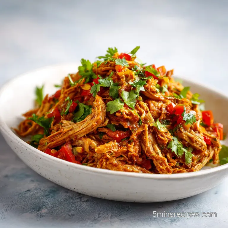 A perfectly plated portion of juicy shredded chicken atop warm tortillas, garnished with vibrant pico de gallo and creamy ...