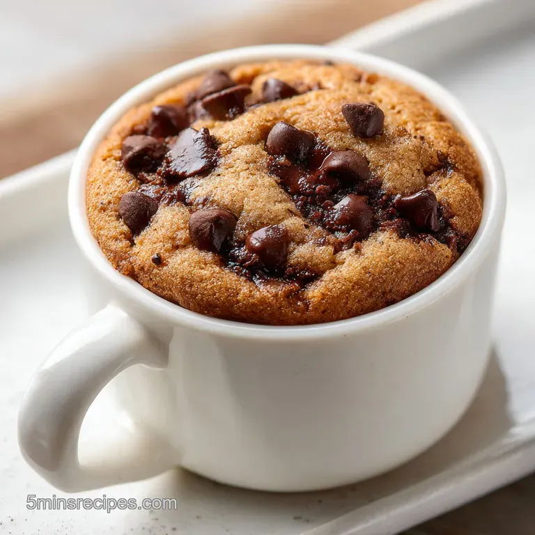 A single, steaming mug cookie, slightly domed with glistening chocolate chips, resting on a rustic wooden surface.