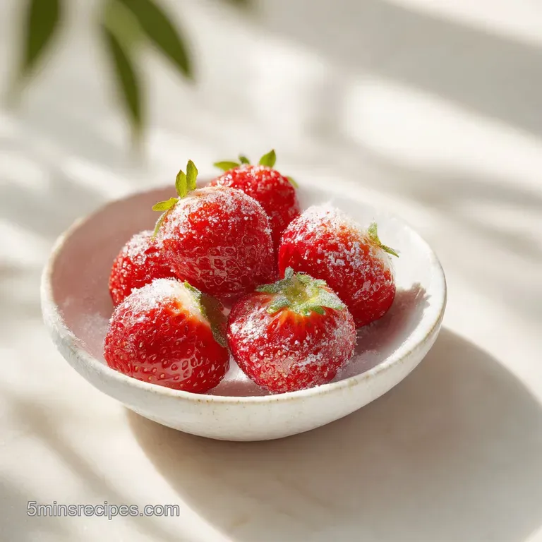 Delicate sugar-coated strawberries artfully arranged on a simple white plate, glistening under soft light.