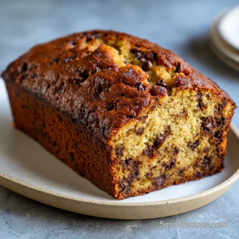 Slice of moist banana bread with glistening chocolate, resting on a plate. Streaks of melted chocolate on the plate adds t...