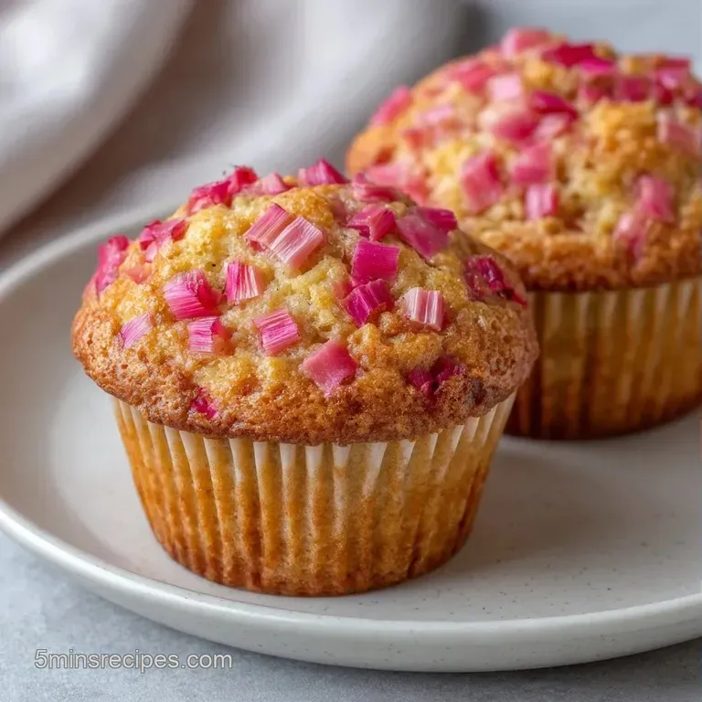 A stack of golden muffins on a ceramic plate, paired with a linen napkin and a side of fresh red rhubarb stalks.