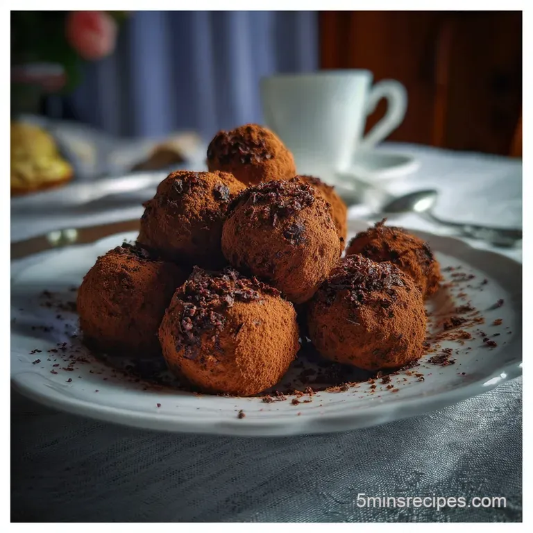 Silky dark chocolate truffles in a small glass dish, garnished with a sprinkle of sea salt flakes. Deep brown hues and smo...