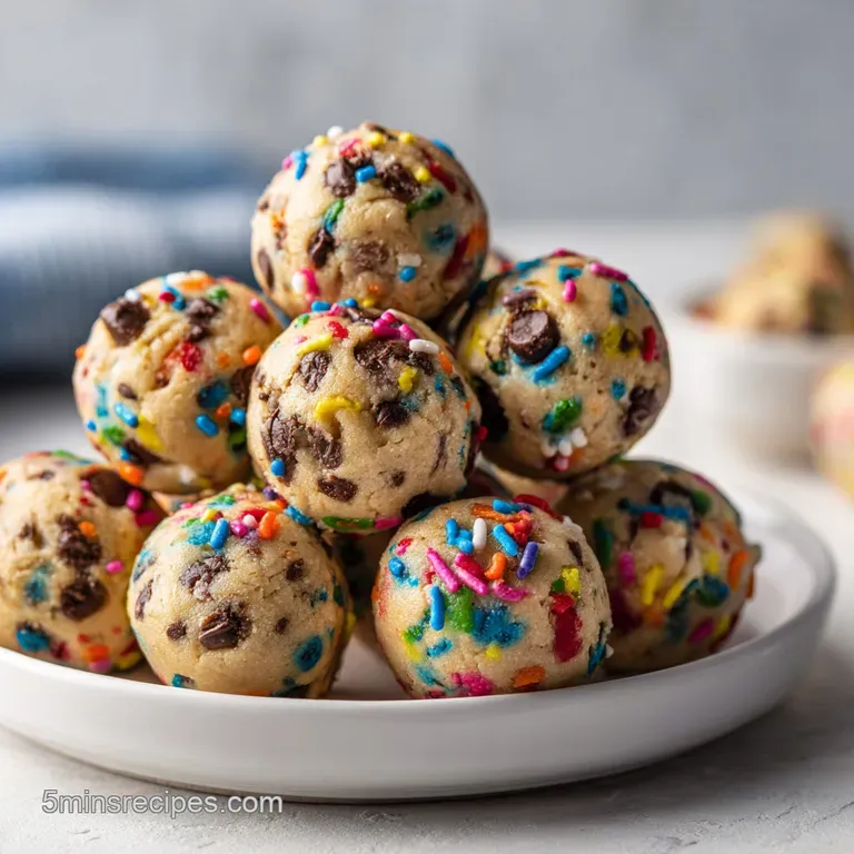 Glistening cookie dough spheres artfully scattered on a white dessert plate, some with chocolate chips visible.