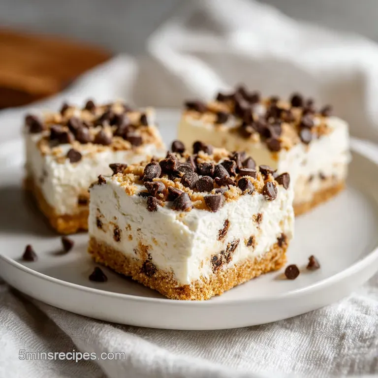Slice of no-bake cheesecake bar on a plate. Flaky graham cracker crust contrasts with smooth, creamy, chocolate-speckled f...