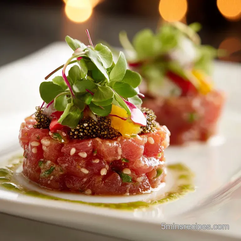 Elegant tuna tartare presentation. Layers of ruby red tuna, creamy green avocado, and golden wontons create a visually stu...