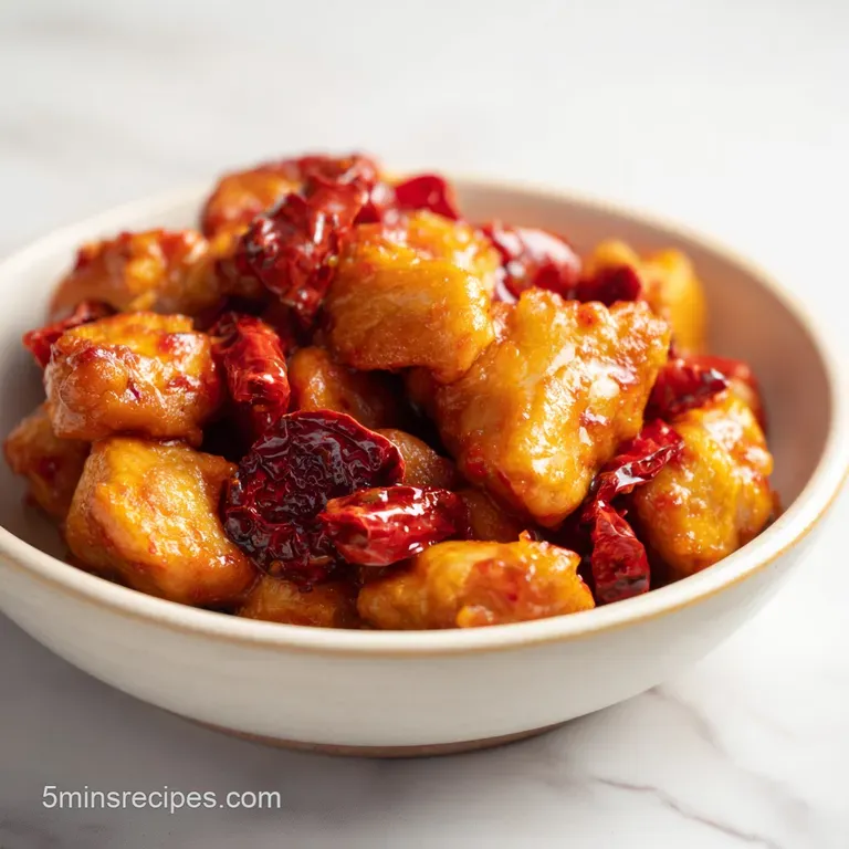 Platter of golden chicken and sliced chorizo in a vibrant orange sauce, garnished with fresh green herbs.