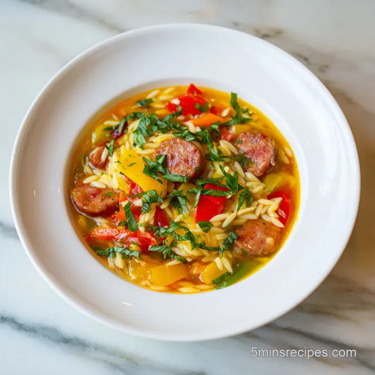 Steaming bowl of hearty orzo soup with juicy sausage, garnished with fresh basil, Parmesan, and a swirl of olive oil.