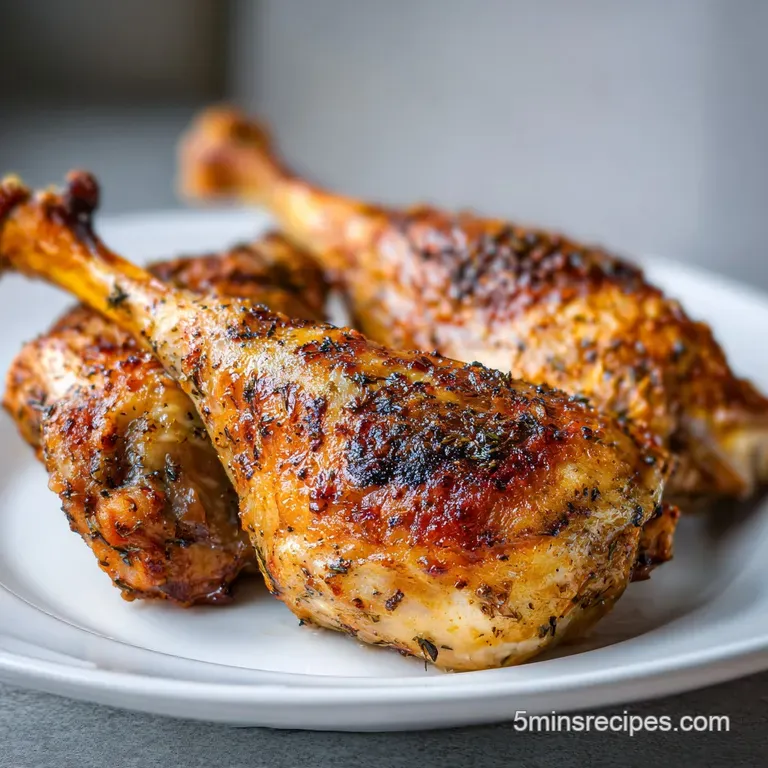 A glossy, roasted turkey leg presented on a white plate, garnished with herbs and lemon, showing tender, juicy meat.