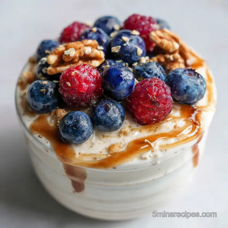 Overnight oats layered artfully in a glass, topped with ripe berries and a drizzle of honey. A spoon rests beside it, read...