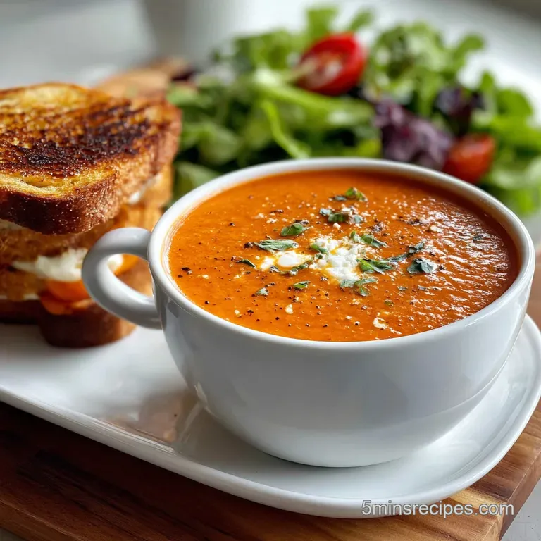 A steaming bowl of smooth, bright red tomato soup, garnished with fresh basil and a drizzle of cream, served on a wooden t...