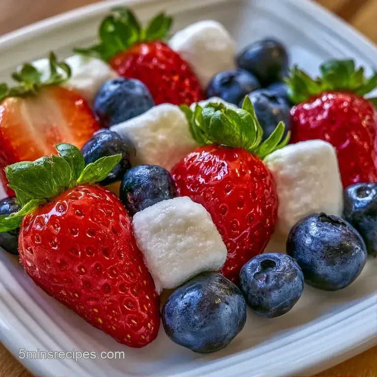 Colorful fruit skewers arranged neatly on a white ceramic platter with fresh mint leaves for a pop of green.