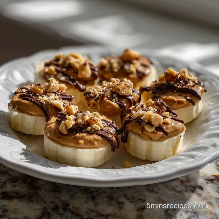 Three peanut butter banana bites elegantly plated on a white ceramic. Dark chocolate drizzle glistens, with a scattering ...